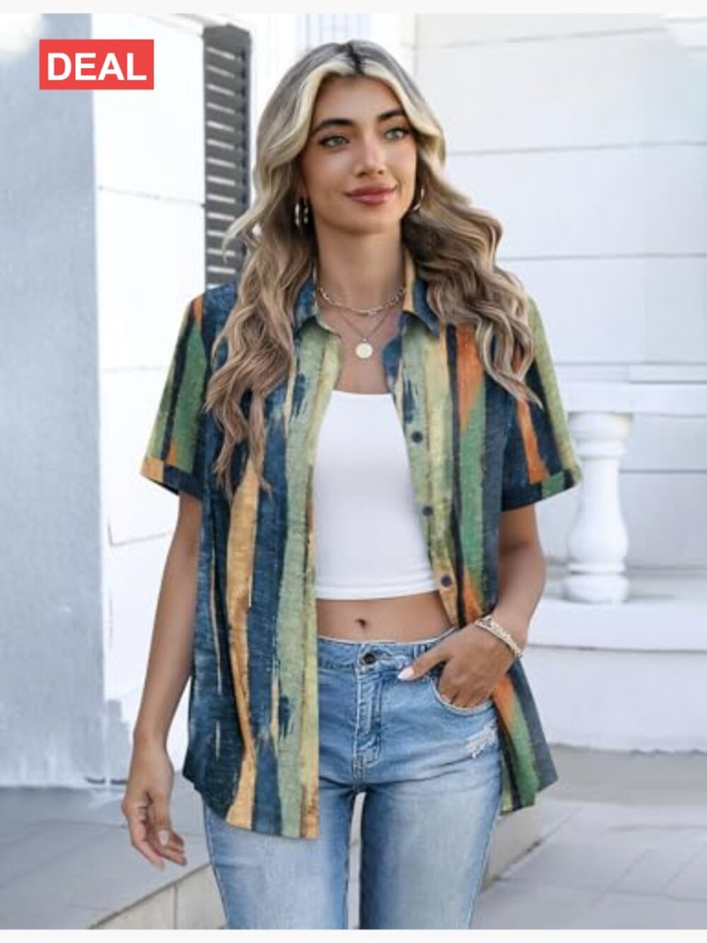 Short Sleeve V-Neck Button Down Blouse with Roll-Up Cuffs - Picture 3 of 7
